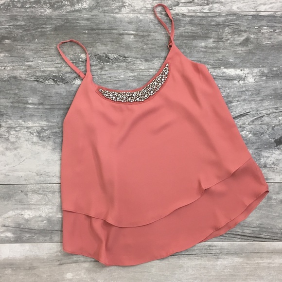 Blush Beaded Embellished Spaghetti Strap Dressy Cami Chiffon Double Layer - Picture 6 of 8